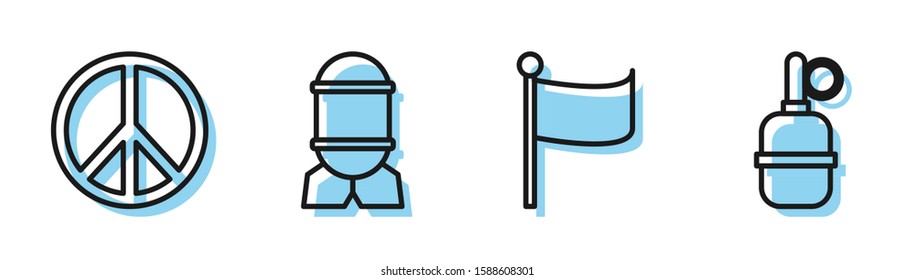 Set line Flag , Peace , Aviation bomb  and Hand grenade  icon. Vector