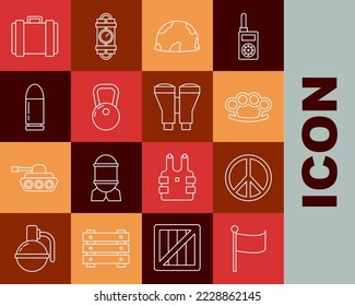 Fijar la bandera, la paz, los nudillos de bronce, el casco militar, el campanario, la bala, la caja de municiones y el icono de los binoculares. Vector