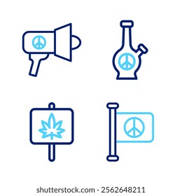 Set line Flag peace, Marijuana, Bong and Megaphone icon. Vector
