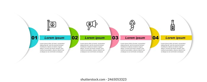 Set line Flag peace, Megaphone, Psilocybin mushroom and Beer bottle. Business infographic template. Vector