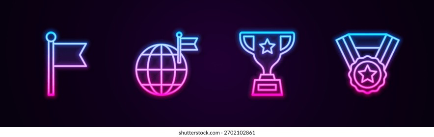 Fije la línea Bandera, Planeta con bandera, Copa de premio y Medalla. Icono de neón brillante. Vector