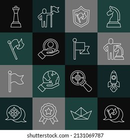 Set line Flag, Rocket ship, Chess, Shield with flag, Hand for search people, and icon. Vector