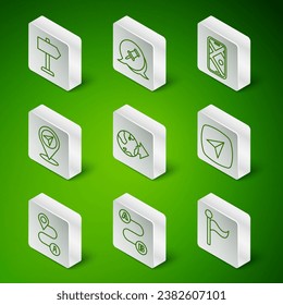 Set line Flag, Route location, Road traffic sign, Location the globe, Map pin, Push,  and City map navigation icon. Vector