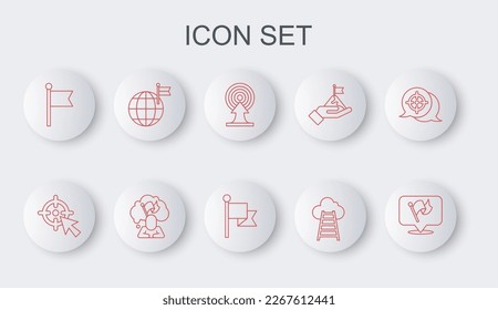 Establecer marca de línea, destino, con flecha, indicador de acabado de escalera, Planeta, sostenimiento de hombre e icono. Vector
