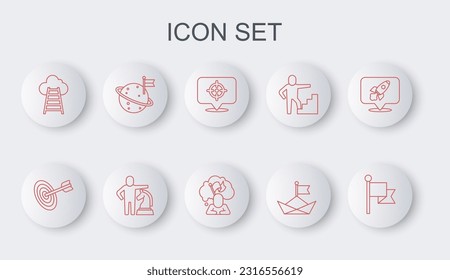 Set line Flag, Target, Folded paper boat, Stair with finish flag, Moon, Chess and Man holding icon. Vector