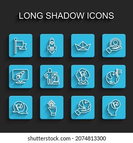 Set line Flag, Target, Hand holding Earth globe, flag, Chess, Planet with and Man icon. Vector