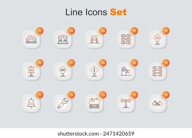 Set line Flag, Train traffic light, Oil railway cistern, Wrench spanner, station bell, Railway barrier, Turnstile and Exclamation mark square icon. Vector