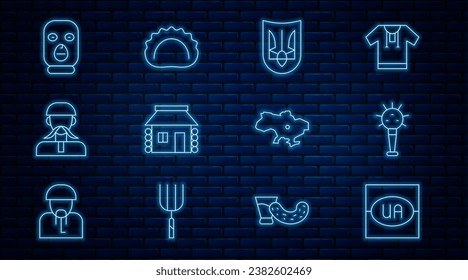Set line Flag of Ukraine, Mace, Ukrainian trident, house, cossack, Thief mask, Map and Dumplings icon. Vector