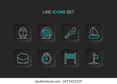 Set line Flag, Volleyball net, Stopwatch, Hockey puck, Yacht sailboat, Baseball bat with, Car wheel and American Football icon. Vector