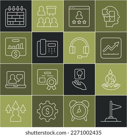 Set line Flag, World expansion, Financial growth increase, Customer product rating, Telephone 24 hours support, Key performance indicator, Calendar and Headphones icon. Vector