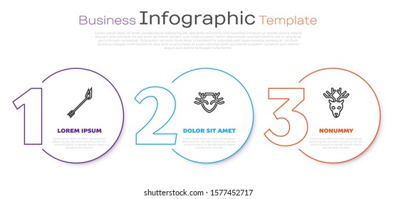 Set line Flame arrow, Deer antlers on shield and Deer head with antlers. Business infographic template. Vector