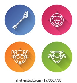 Set line Flame arrow, Hunt on bear with crosshairs, Hunt on moose with crosshairs and Deer antlers on shield. Color circle button. Vector