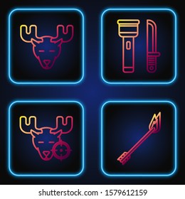 Set line Flame arrow, Hunt on moose with crosshairs, Moose head with horns and Flashlight and knife. Gradient color icons. Vector