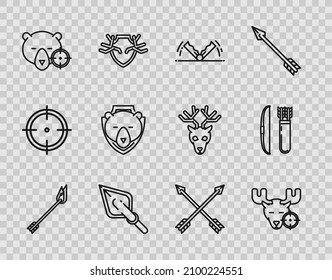 Set line Flame arrow, Hunt on moose with crosshairs, Trap hunting, Hipster tip, bear, Bear head shield, Crossed arrows and Bow and quiver icon. Vector