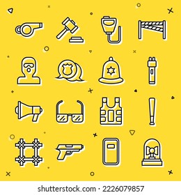 Set line Flasher siren, Baseball bat, Police electric shocker, Walkie talkie, badge, Thief mask, Whistle and British police helmet icon. Vector