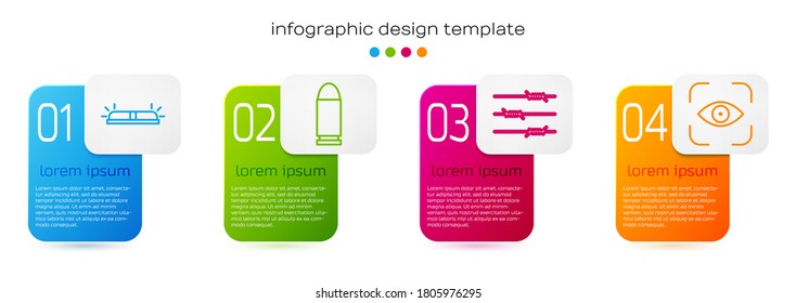 Set-Zeile Flasher Sirren, Bullet, Stacheldraht und Auge Scan. Infografik-Vorlage für Unternehmen. Vektorgrafik