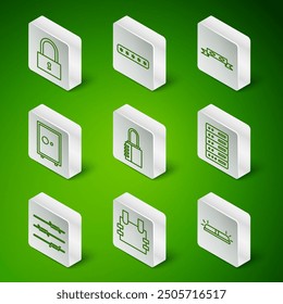 Set line Flasher siren, Bulletproof vest, Lock, Safe combination lock, Password protection, Barbed wire and Server, Data, Web Hosting icon. Vector