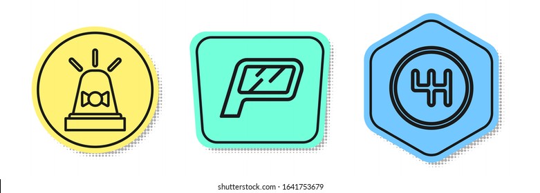 Set line Flasher siren, Car mirror and Gear shifter. Colored shapes. Vector