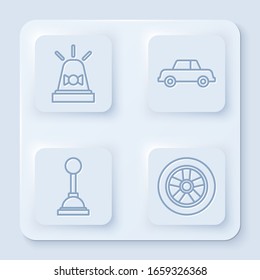 Set line Flasher siren, Car, Gear shifter and Car wheel. White square button. Vector