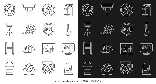 Set line Flasher siren, Emergency call 911, Fire shovel, No fire, hose reel, sprinkler system, Gas mask and  icon. Vector