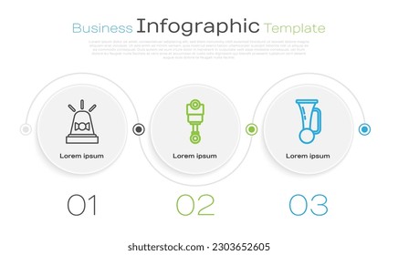 Fije la sirena de la arandela, el pistón del motor y la bocina de la señal en el vehículo. Plantilla de infografía empresarial. Vector