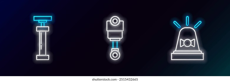 Set line Flasher siren,  and Engine piston icon. Glowing neon. Vector