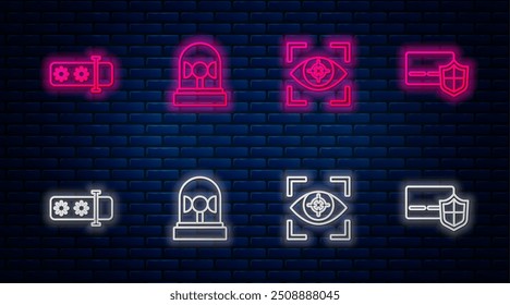 Set line Flasher Sirene, Eye Scan, Passwortschutz und Kreditkarte mit Schild. Leuchtendes Neonsymbol an der Ziegelwand. Vektorgrafik
