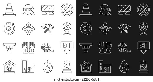 Set line Flasher siren, Fire exit, Location with fire flame, Road barrier, Firefighter, Ringing alarm bell, Traffic cone and axe icon. Vector