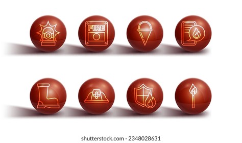 Set line Flasher siren, Fire boots, Phone with emergency call 911, protection shield, Firefighter helmet, alarm system, Burning match fire and cone bucket icon. Vector
