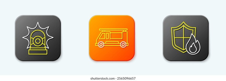 Set line Flasher siren, Fire truck and protection shield icon. Vector