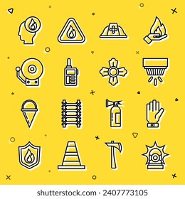 Set line Flasher siren, Firefighter gloves, Smoke alarm system, helmet, Walkie talkie, Ringing bell,  and  icon. Vector