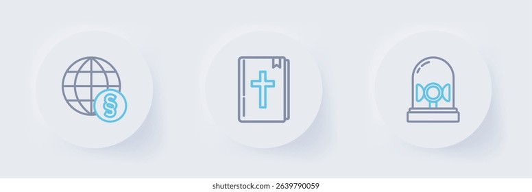 Set line Flasher siren, Holy bible book and International law icon. Vector