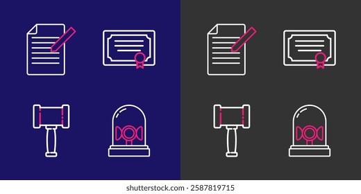 Set line Flasher siren, Judge gavel, Certificate template and Document and pen icon. Vector