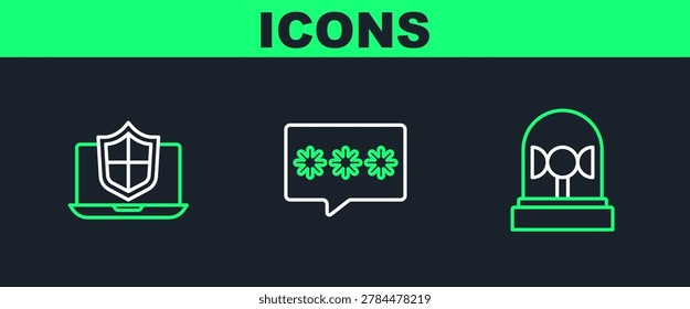 Set line Flasher siren, Laptop protected with shield and Password protection icon. Vector