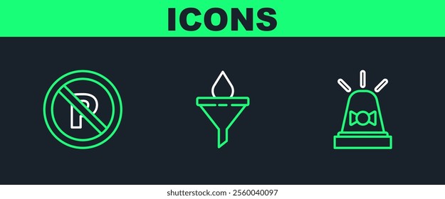Set line Flasher siren, No Parking or stopping and Funnel filter and motor oil drop icon. Vector