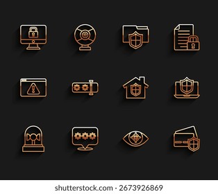 Set line Flasher siren, Password protection, Lock monitor, Eye scan, Credit card with shield, Laptop protected and House under icon. Vector
