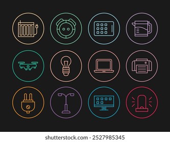 Set line Flasher siren, Printer, Graphic tablet, Light bulb, Drone flying, Heating radiator, Laptop and Robot vacuum cleaner icon. Vector
