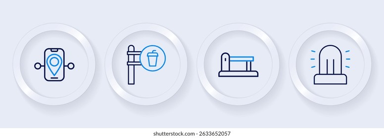 Set line Flasher siren, Railway, railroad track, Cafe and restaurant location and Route icon. Vector