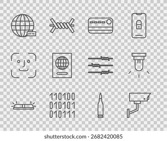Set line Flasher siren, Security camera, Credit card, Binary code, Social network, Passport, Bullet and Motion sensor icon. Vector