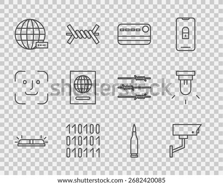 Set line Flasher siren, Security camera, Credit card, Binary code, Social network, Passport, Bullet and Motion sensor icon. Vector