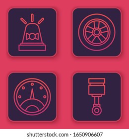 Set line Flasher siren, Speedometer, Car wheel and Engine piston. Blue square button. Vector