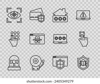 Set line Flasher siren, System bug, House with password, Ringing alarm bell, Eye scan, Browser incognito window, shield and Fingerprint icon. Vector