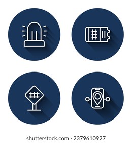 Set line Flasher siren, Train ticket, Railroad crossing and Route location with long shadow. Blue circle button. Vector