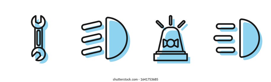 Set line Flasher siren, Wrench, High beam and High beam icon. Vector