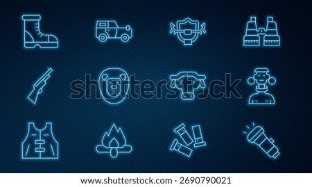 Set line Flashlight, African tribe male, Deer antlers on shield, Wild lion, Hunting gun, Hunter boots, buffalo head and Off road car icon. Vector