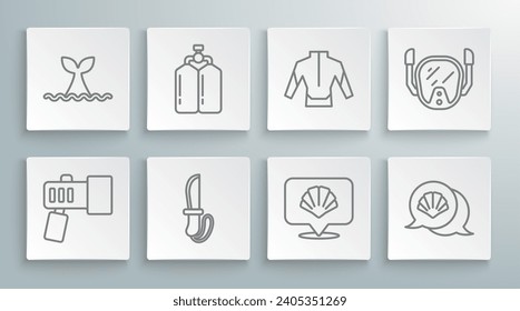 Set line Flashlight, Aqualung, Knife, Scallop sea shell, Wetsuit, Diving mask and Whale tail ocean wave icon. Vector