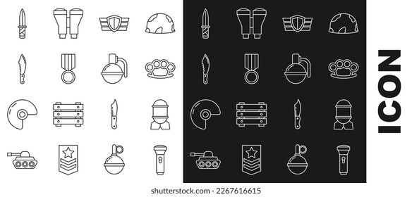 Fijar la linterna, la bomba de aviación, los nudillos de bronce, la medalla de recompensa militar, el cuchillo y el icono de la granada de mano. Vector