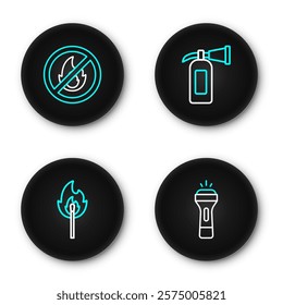 Set line Flashlight, Burning match with fire, Fire extinguisher and No icon. Vector