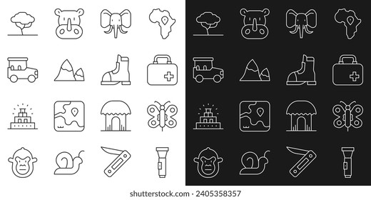 Set line Flashlight, Butterfly, First aid kit, Elephant, Mountains, Safari car, African tree and Hunter boots icon. Vector