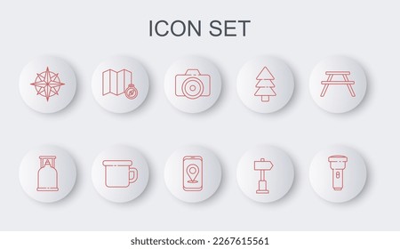 Set line Flashlight, Camping gas stove, Photo camera, Road traffic signpost, Wind rose, Location of the forest on map, metal mug and City navigation icon. Vector